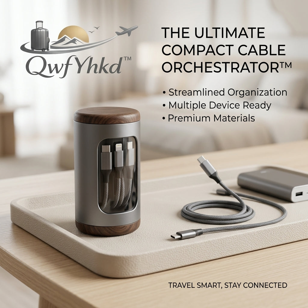QwfYhkd™ Premium Cable Organizer – Compact Travel Cable Management Case with Sleek Wood & Metal Finish – Tangle-Free Solution for USB-C & Lightning Cables – Portable Tech Accessory for Desk, Office & Business Travel
