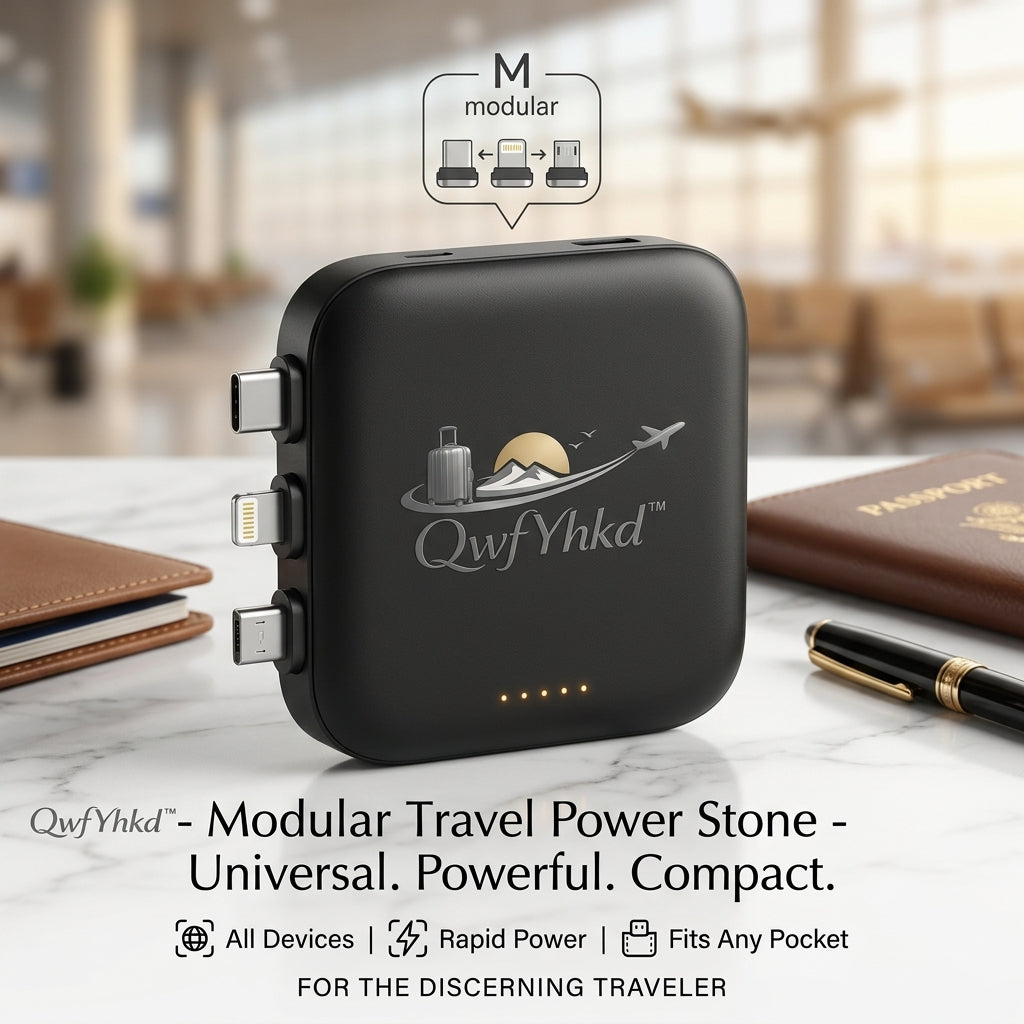 QwfYhkd™ Modular Travel Power Stone – Universal Portable Charger, Fast Charging Battery Pack, Compact 3-in-1 Design with Interchangeable Tips for iPhone, Android & USB-C Devices, Perfect for Travel & Commuting