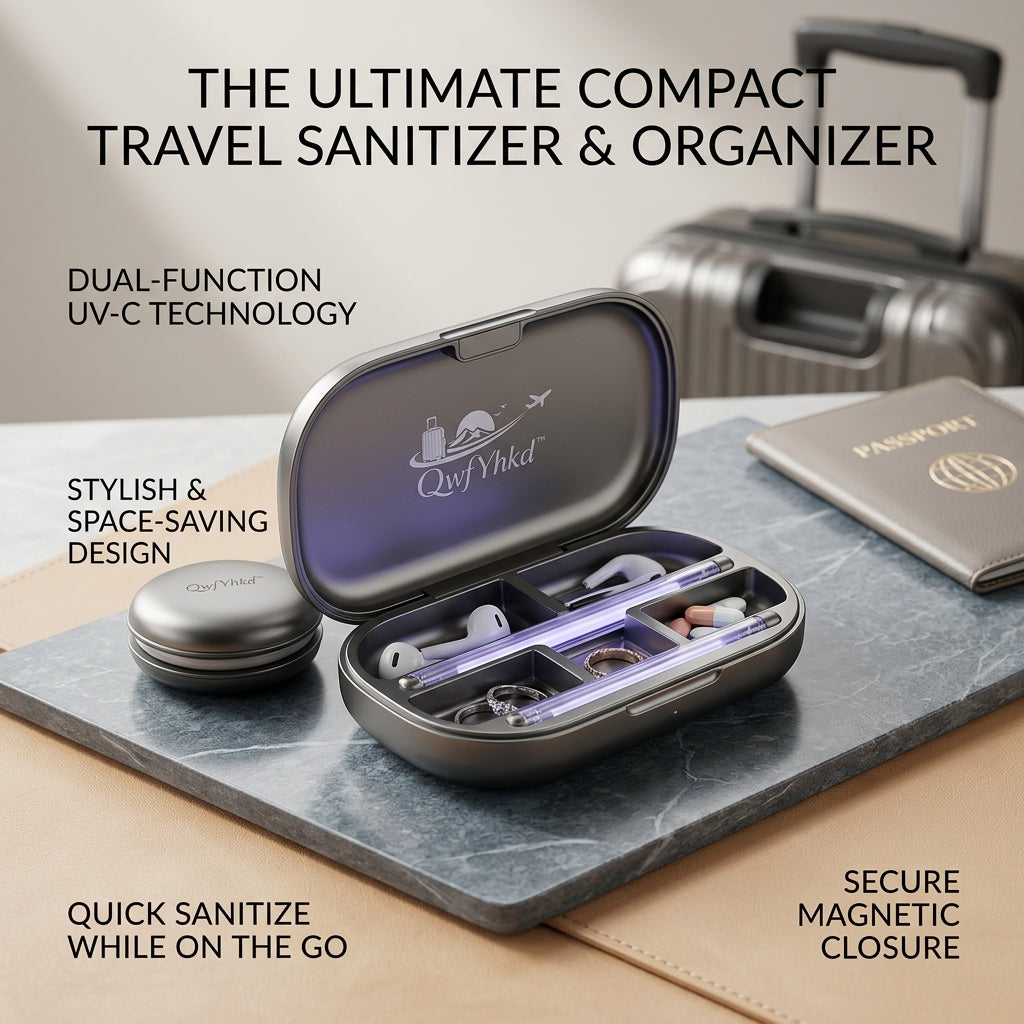 QwfYhkd™ Portable UV-C Sanitizer & Travel Organizer Case – Compact Disinfecting Storage Box for Earbuds, Jewelry, and Pills – Dual-Function Travel-Friendly EDC Organizer with Secure Magnetic Closure