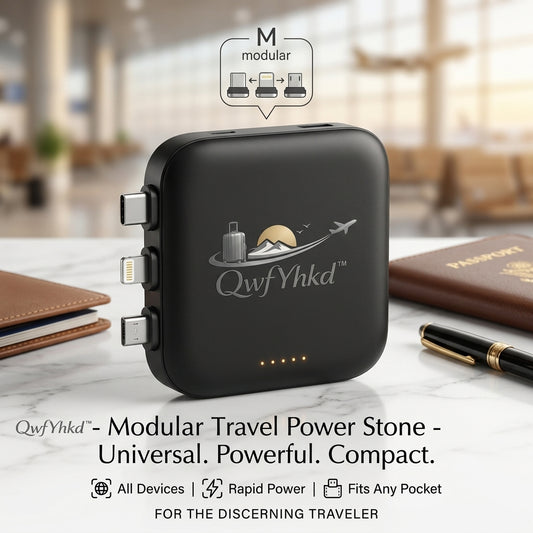 QwfYhkd™ Modular Travel Power Stone – Universal Portable Charger, Fast Charging Battery Pack, Compact 3-in-1 Design with Interchangeable Tips for iPhone, Android & USB-C Devices, Perfect for Travel & Commuting